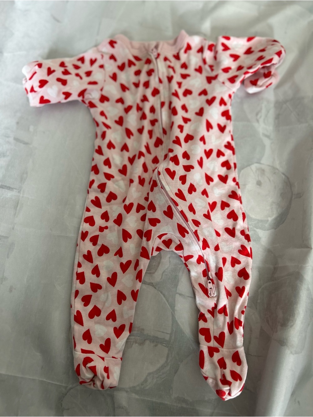 Pink Baby Footed Zipper Pajamas with Red Hearts